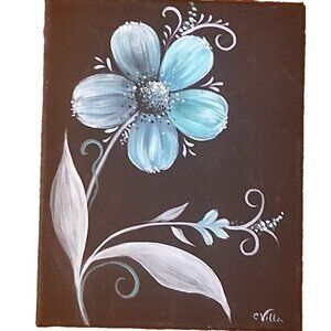 Original Teal Flower Acrylic Painting on Black Wrapped Canvas Floral 8x10